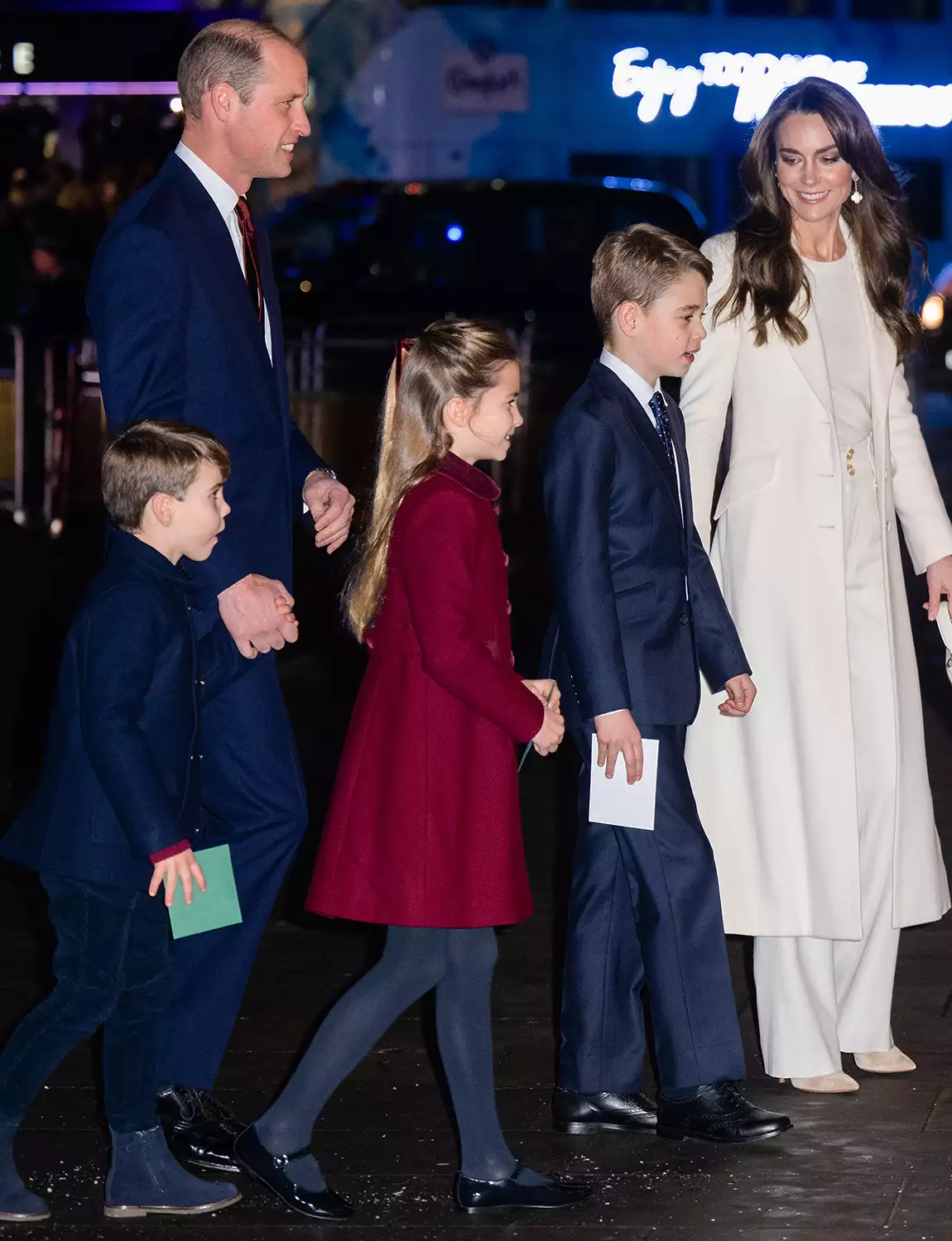 Prince William, Prince of Wales, Prince Louis of Wales, Princess Charlotte of Wales, Prince George of Wales and Catherine, Princess of Wales attend The "Together At Christmas" Carol Service at Westminster Abbey on December 08, 2023 in London, England.