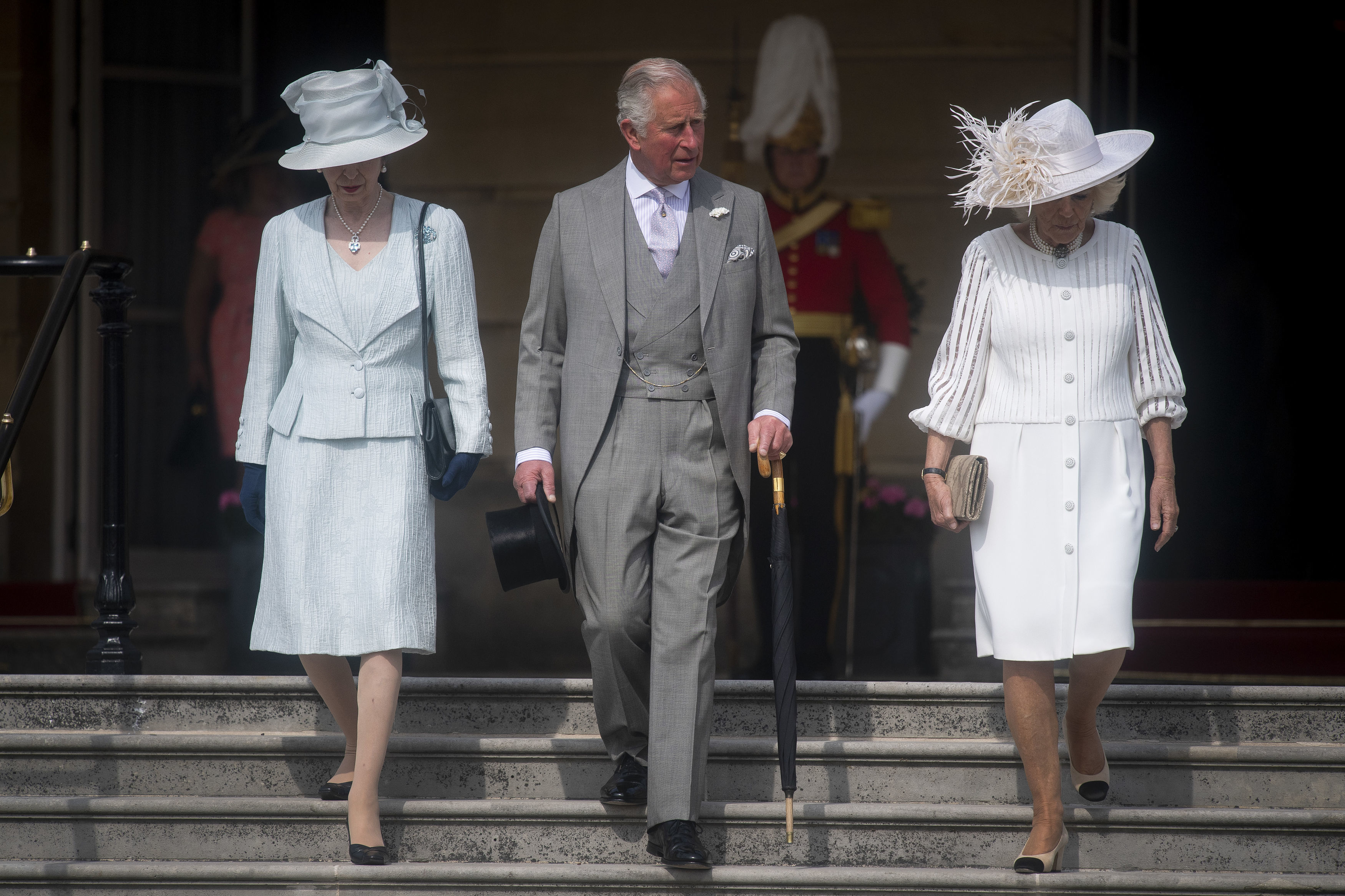 Princess Anne, King Charles III, and Queen Camilla during a garden party at Buckingham Palace on May 15, 2019, in London, England. | Source: Getty Images