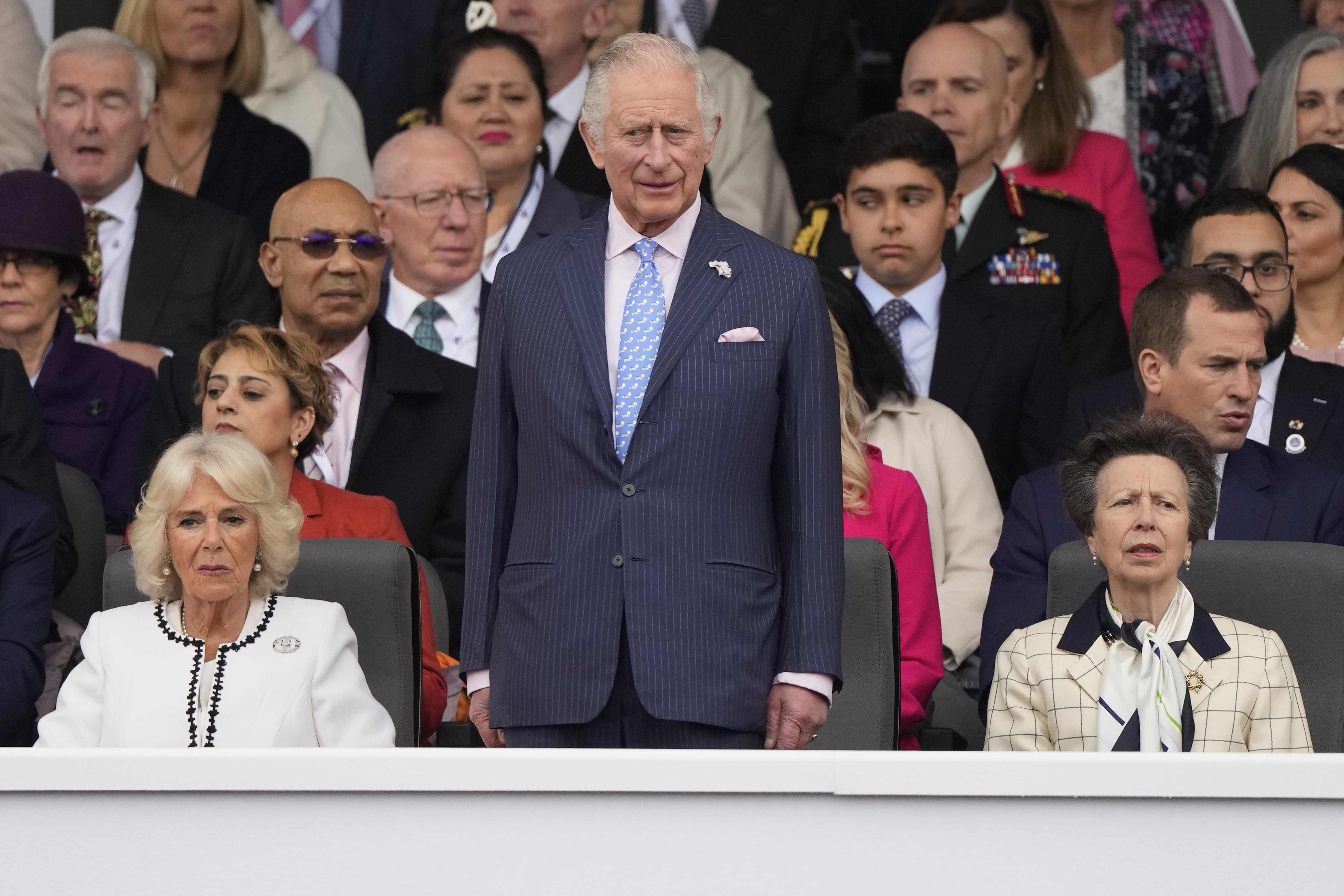 Queen Camilla, King Charles III, and Princess Anne at the Platinum Pageant on June 5, 2022, in London, England. | Source: Getty Images