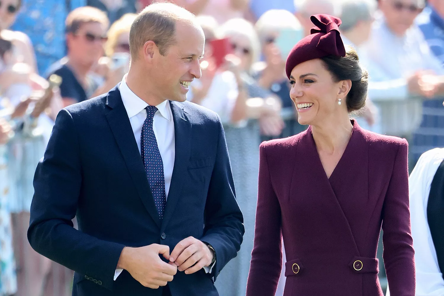 Prince William, Prince of Wales and Catherine, Princess of Wales arrive at St Davids Cathedral to commemorate the life of Her Late Majesty Queen Elizabeth II on the first anniversary of her passing 