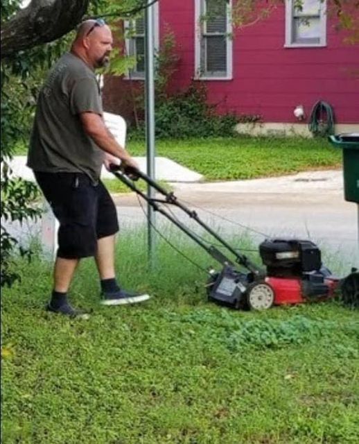 HT4. This is my dad, mowing my mom’s lawn. They’ve been divorced 28 years